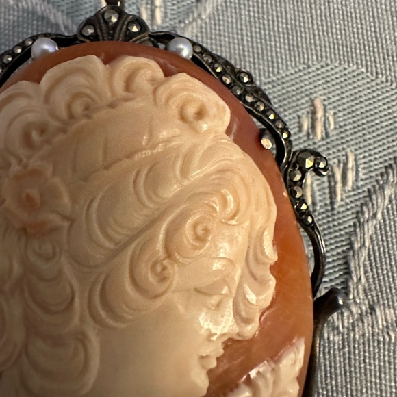 Antique Vintage Womens Pin Pendant 925 Sterling Silver Shell Cameo Brooch - Picture 10 of 16